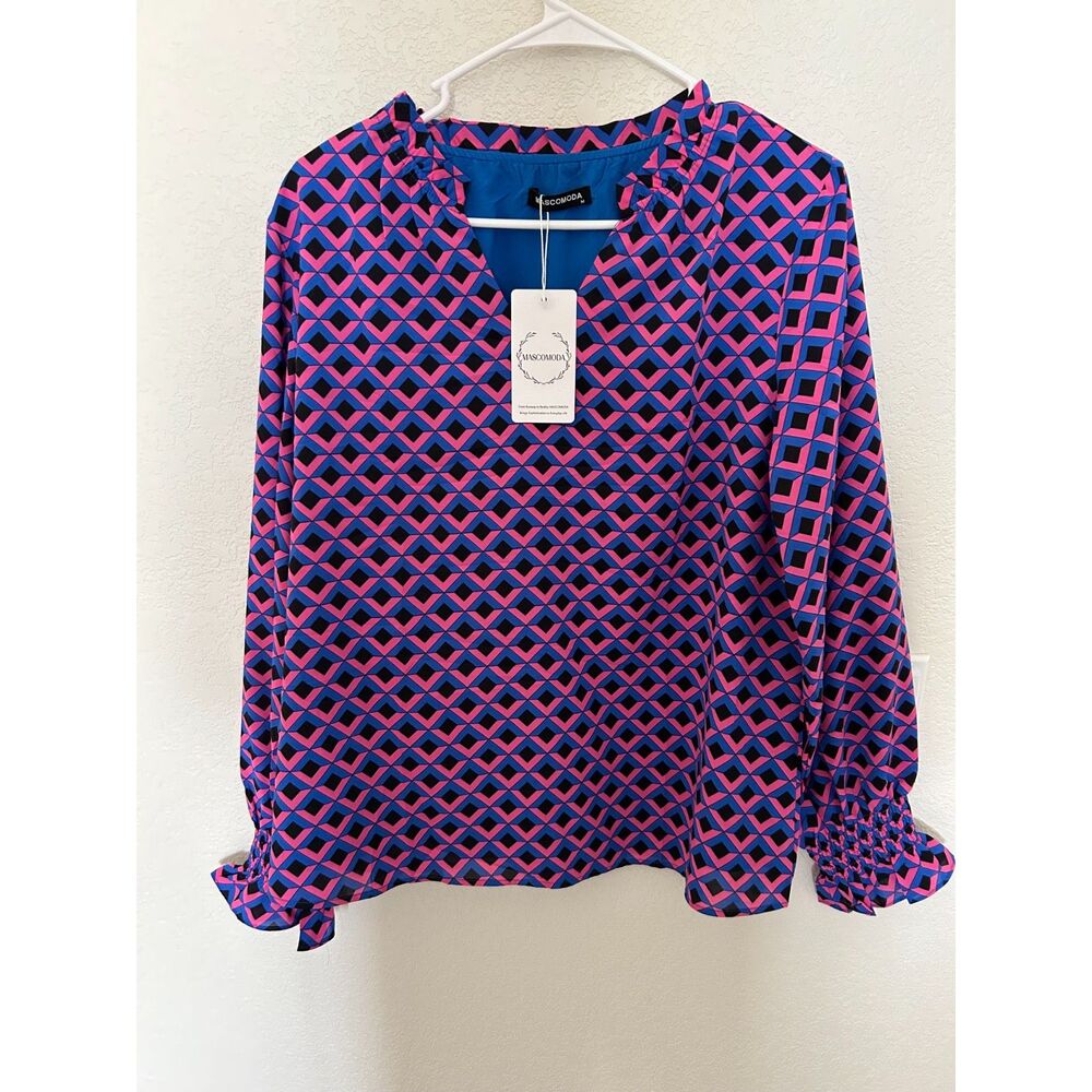 MASCOMODA Women’s Geometric Print Long Sleeve Blouse Size M NWT